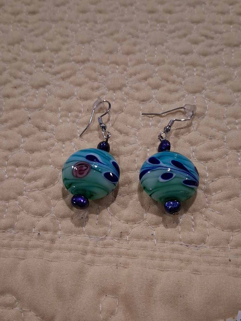 Handmade Teal and Navy Glass Bead Earrings Lampwork